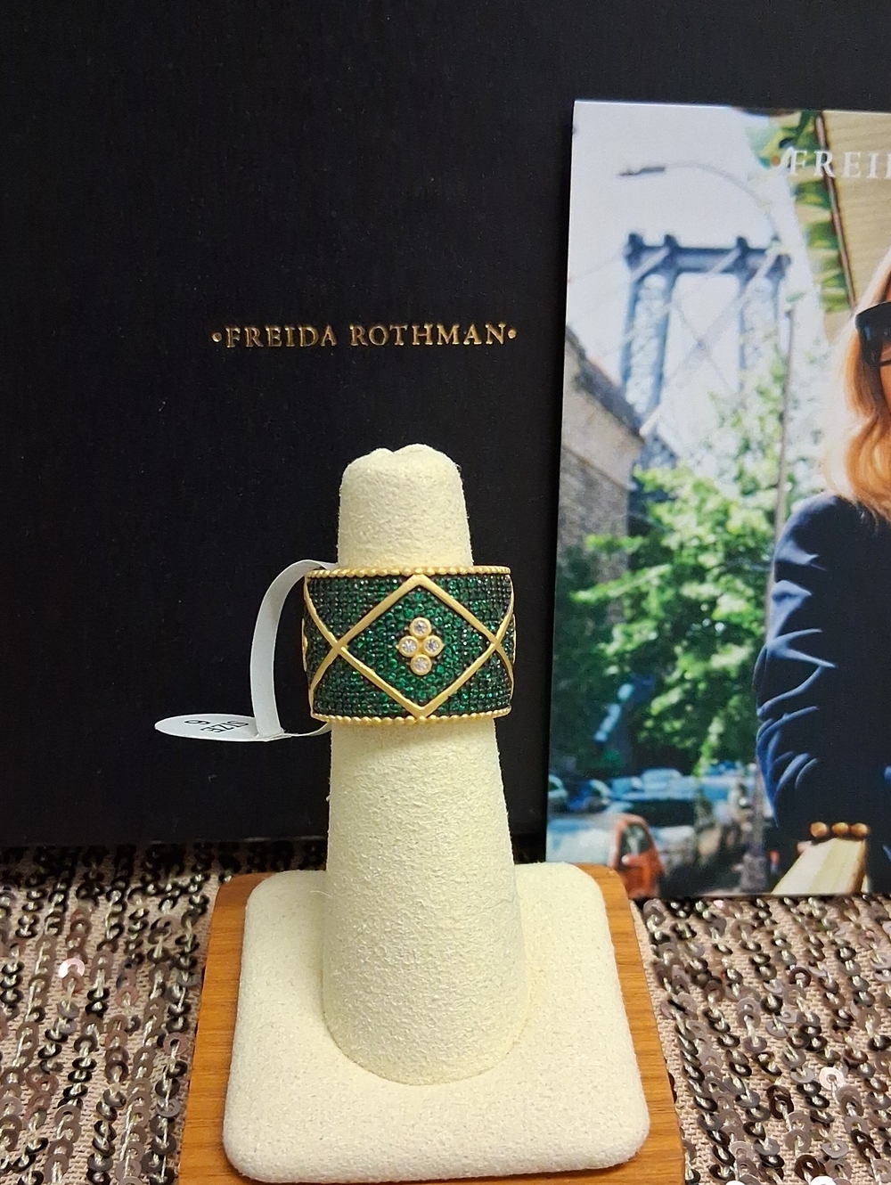 FREIDA ROTHMAN Emerald Green Crystal Statement Cigar Band Ring**Sparkle Galore**
